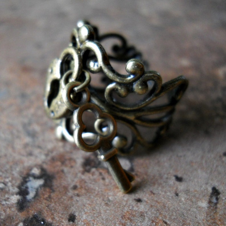 Sweetheart Lock and Key Steampunk Ring in Brass EXCLUSIVE DESIGN image 2