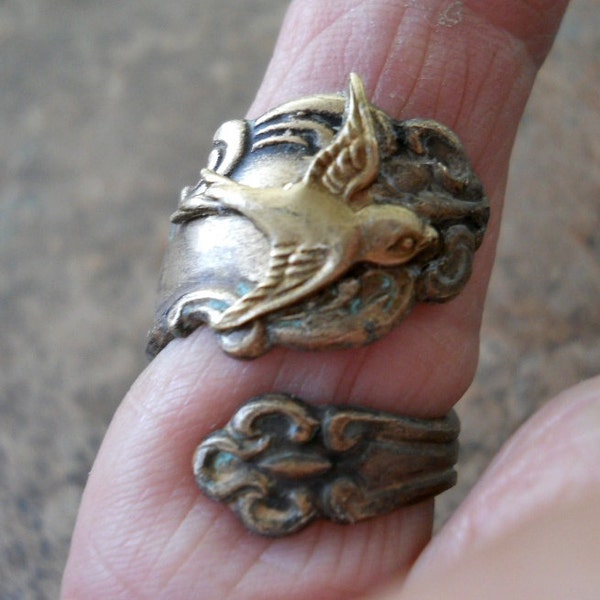 Antiqued Brass Spoon Ring with Swooping Sparrow, Exclusive Design Only by Enchanted Lockets