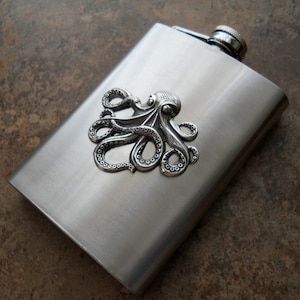 Flask, 8 Oz. Steampunk Octopus Silver Flask , Gentleman's or Lady's Liquor Flask