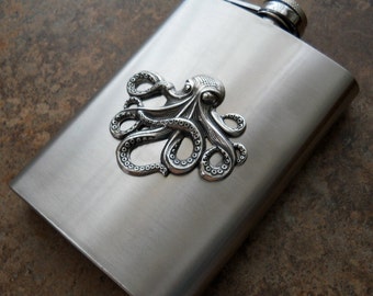 Flask, 8 Oz. Steampunk Octopus Silver Flask , Gentleman's or Lady's Liquor Flask
