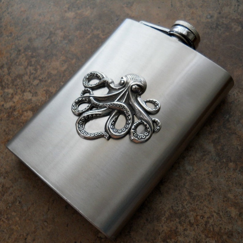 Flask, 8 Oz. Steampunk Octopus Silver Flask , Gentleman's or Lady's Liquor Flask image 1