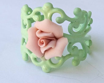 Pink Rose Ring, Spring Green Ring, Rose Ring,