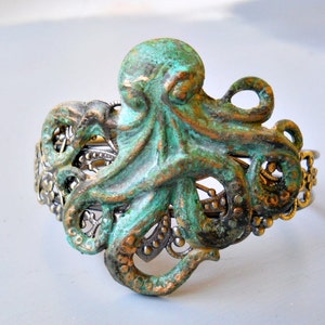 Steampunk Verdigris Octopus Cuff Bracelet, Verdigris Octopus, Octopus Bracelet, Brass Octopus