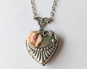 Pink Rose Heart Locket, Silver Heart Locket, Valentine Locket, Exclusive Design by Enchanted Lockets