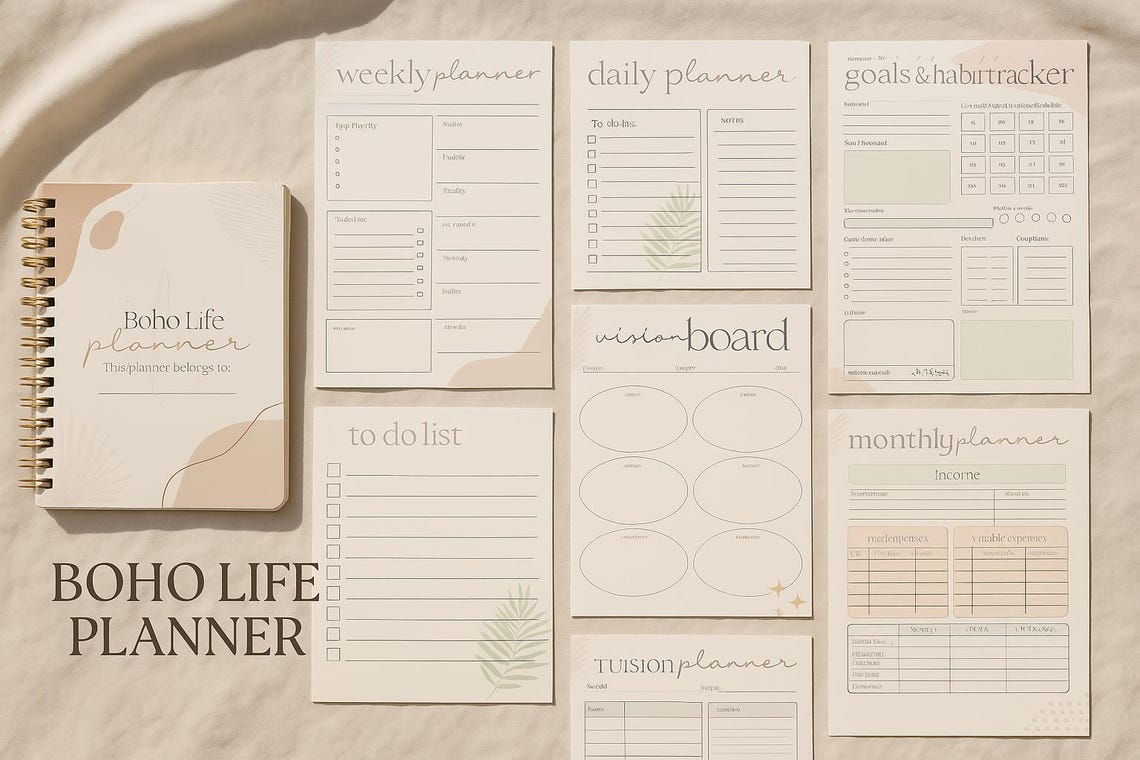 Boho Life Planner – 10 Page Printable PDF + Canva Template | Aesthetic ...