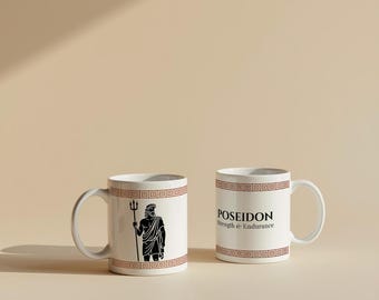 Poseidon Greek Mythology Mug – Ancient Attic Pottery Inspired Design – Minimal Ceramic Coffee Mug