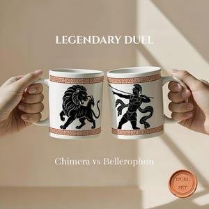 May include: Two white ceramic mugs with black illustrations of a lion attacking a goat and a warrior with a bow and arrow. The mugs have a brown border and the text "LEGENDARY DUEL" and "Chimera vs Bellerophon".