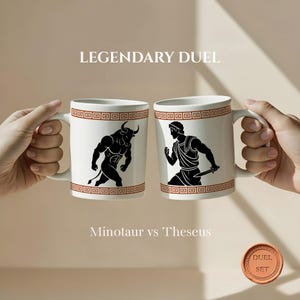 May include: Two white ceramic mugs with a brown geometric border. One mug features a black illustration of a Minotaur, the other Theseus. The text "LEGENDARY DUEL" and "Minotaur vs Theseus" are also visible.