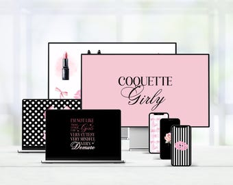 Söt rosa och svart kokett flickaktigt skrivbordsbakgrund | Flickigt estetiskt digitalt bakgrundspaket, Laptop- och iPhone-bakgrund, Barbiecore-look