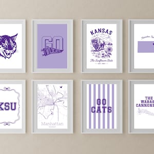 Juego de arte de pared para dormitorio de los Kansas State Wildcats / Decoración KSU, impresiones digitales moradas de 8x10 o 11x14, impresiones de pósteres universitarios, decoración de habitación preppy