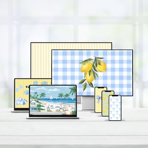 Sfondo desktop preppy blu e giallo / Pacchetto digitale estivo con limone e quadretti, sfondo preppy per spiaggia, sfondo per laptop e telefono