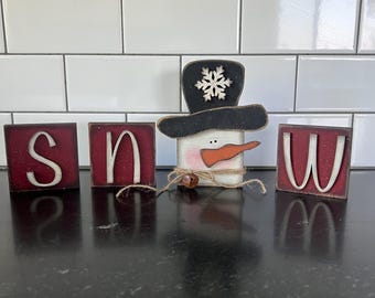rustic snowman blocks, farmhouse christmas decor,  rustic snowman blocks,  snow letter set,  holiday shelf sitter, country winter decor