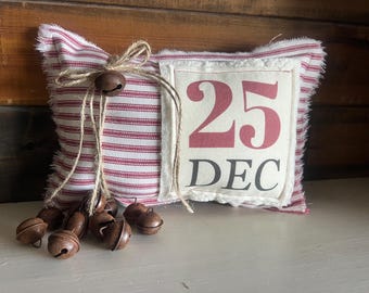 Red ticking Christmas pillow, Farmhouse Christmas, seasonal decor, Christmas shelf sitter