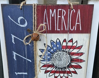 Sunflower Patriotic, Americana sign, home decor.