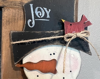 rustic snowman joy ornament with cardinal, country Christmas decor, farmhouse Christmas tree ornament