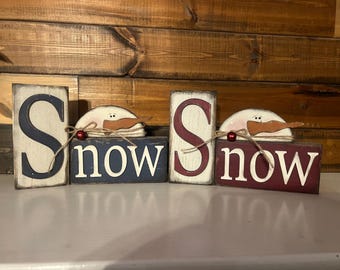 Primitive snow blocks with snowman in 2 color ways, rustic Christmas decor, tiered tray holiday, country rustic snowman shelf sitter, gift