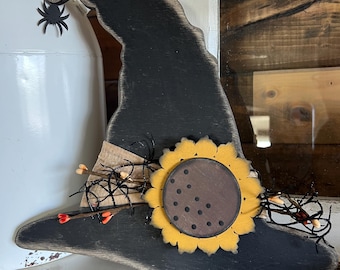 Wooden Sunflower Witches Hat, Primitive Rustic Farmhouse Fall Halloween Decor