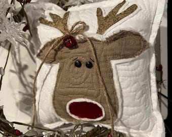 Rudolf pillow, Christmas decor, holiday decor, winter decor, tiered tray decor, dough bowl, country farmhouse decor, reindeer