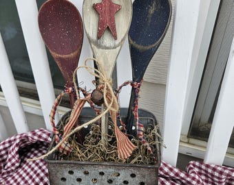 Americana wooden spoons, set of 3, red, white, and blue.