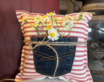 Red, White, and Blue pillow with a pocket full of daisies, 4th of July decor, Americana decor, Patriotic decor
