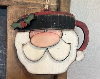 Handcrafted vintage Santa Cup Ornament, Holiday Tiered Tray Decor, country farmhouse