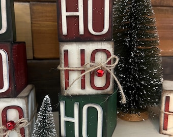Rustic Christmas Stacking Blocks, Ho Ho Ho Blocks, Farmhouse Christmas Decor, Country Christmas Decor, Dough Bowl Filler, Tiered Tray Decor