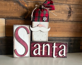 Rustic Santa blocks, Santa decor,  Primitive Christmas decor, Farmhouse Holiday shelf sitter, tiered tray decor, country Christmas gift.