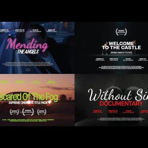 Peut inclure: Un collage de quatre cartons de titres de films. La carte en haut &agrave; gauche indique "Mending The Angels" en rose et blanc. La carte en haut &agrave; droite indique "Welcome to the Castle". La carte en bas &agrave; gauche indique "Scared of The Fog". La carte en bas &agrave; droite indique "Without Sin".
