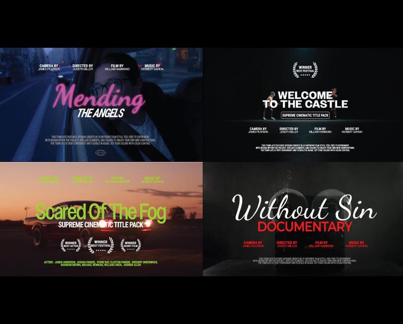 Peut inclure: Un collage de quatre cartons de titres de films. La carte en haut &agrave; gauche indique "Mending The Angels" en rose et blanc. La carte en haut &agrave; droite indique "Welcome to the Castle". La carte en bas &agrave; gauche indique "Scared of The Fog". La carte en bas &agrave; droite indique "Without Sin".