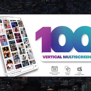 May include: A digital device displaying a collage of images, with the text "Send message" at the bottom. To the right, the number "100" is displayed in purple and blue, with the words "VERTICAL MULTISCREEN" below. Icons for ease of control, drag and drop, and color change are also present.