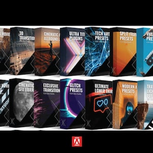 Könnte beinhalten: Eine Sammlung von Softwareproduktboxen mit Titeln wie "IMDB Movie Luts", "3D Transition" und "VHS Retro Presets". Die schwarzen Boxen zeigen farbenfrohe Grafiken und Texte, die verschiedene Videobearbeitungswerkzeuge und -effekte präsentieren.