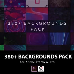 Può includere: Un pacchetto di prodotti digitali con oltre 380 sfondi per Adobe Premiere Pro. L'immagine mostra una griglia di sfondi astratti colorati con il testo "380+ BACKGROUNDS PACK" e il logo di Adobe Premiere Pro.