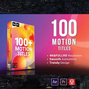 May include: A product box with the text "100+ MOTION TITLES" in large white letters. The box is orange and yellow with a gradient background. The text "4K&FULLHD Resolution", "Smooth Animations", and "Trendy Design" are also visible.