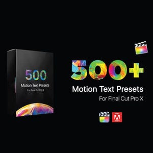 May include: A black box with the number "500" and the words "Motion Text Presets For Final Cut Pro X" printed on it. The image also displays the text "500+" and "Motion Text Presets For Final Cut Pro X" in colourful text on a black background.