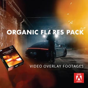 Może przedstawiać: Pudełko produktu z tekstem "ORGANIC FLARES PACK" i "VIDEO OVERLAY FOOTAGES" znajduje się na pierwszym planie. Srebrny samochód i osoba znajdują się w tle. Logo Adobe Assets znajduje się w prawym dolnym rogu.