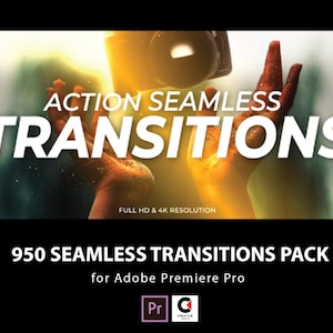 Puede incluir: Imagen con el texto "ACTION SEAMLESS TRANSITIONS" en blanco. También se ve el texto "950 SEAMLESS TRANSITIONS PACK for Adobe Premiere Pro". Se incluyen los logotipos de Adobe Premiere Pro y Creative.