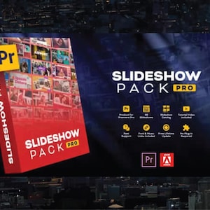 May include: A red box labeled "Slideshow Pack Pro" with the "Pr" logo and a collage of images. The background is dark blue with the words "Slideshow Pack Pro" in white and yellow. Icons and the Adobe logo are also visible.