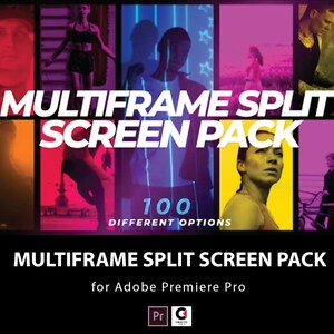 May include: A promotional image for a video editing pack. The image features a grid of colorful panels with people in various poses. The text "MULTIFRAME SPLIT SCREEN PACK" is prominently displayed, along with "100 DIFFERENT OPTIONS" and "for Adobe Premiere Pro."