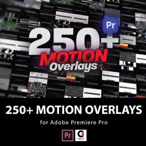 Peut inclure: Publicité pour 250+ Motion Overlays pour Adobe Premiere Pro. Le texte est blanc et rouge, avec un logo "Pr" bleu. Le fond est un collage d'effets vidéo glitch.