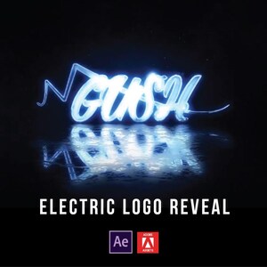 Könnte beinhalten: Ein leuchtendes blaues Logo mit dem Wort "OTOSH" in einer stilisierten Schriftart, das sich in einer wasserartigen Oberfläche spiegelt. Der Text "ELECTRIC LOGO REVEAL" steht unter dem Logo, mit "Ae" und dem Adobe Assets-Logo unten.