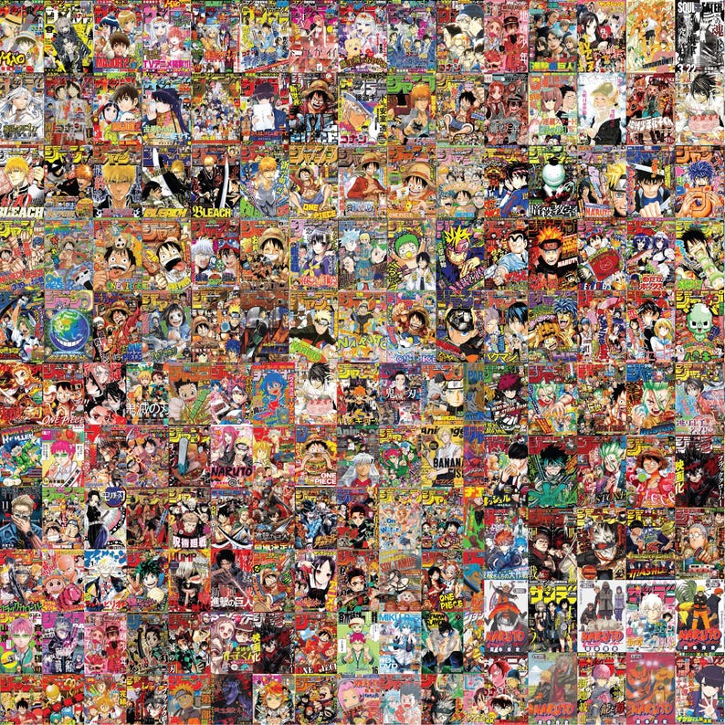 May include: A vibrant collage of numerous manga magazine covers, showcasing a variety of colorful illustrations and character designs. The covers feature diverse artwork, with bold text and dynamic compositions, creating a visually rich and engaging display.