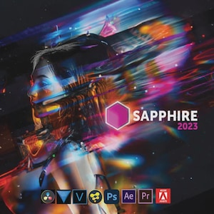 May include: A digital art piece featuring a woman's profile with vibrant streaks of blue, pink, and orange light. The word "SAPPHIRE 2023" is displayed with a geometric logo. Adobe software icons are visible at the bottom.