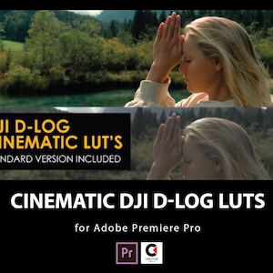 May include: Image featuring a woman with blonde hair, hands clasped in prayer, set against a natural backdrop. The image includes text: "DJI D-LOG CINEMATIC LUT'S STANDARD VERSION INCLUDED" and "CINEMATIC DJI D-LOG LUTS for Adobe Premiere Pro."