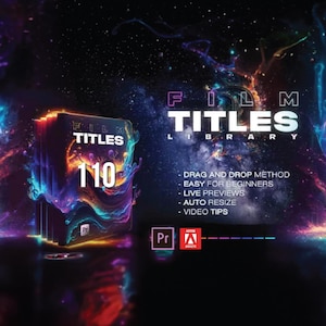 May include: An advertisement for a film titles library, featuring a stack of digital product boxes. The boxes display the word "TITLES" and the number "110". The background is a vibrant nebula with the text "FILM TITLES LIBRARY".