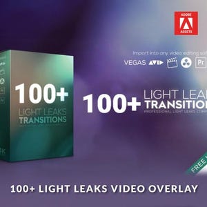 Op de afbeelding: Een productdoos met de tekst "100+ Light Leaks Transitions" en "4K Ready" op een paarse gradiënt achtergrond. De doos is blauwgroen en grijs. De tekst "Import into any video editing software" is ook zichtbaar.