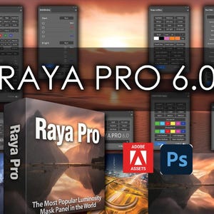 May include: The image displays "RAYA PRO 6.0" software, with a box featuring a mountain landscape. The Adobe Assets and Photoshop (Ps) logos are visible. Various interface panels are shown, offering color adjustments and filter options. The text reads "The Most Popular Luminosity Mask Panel in the World."