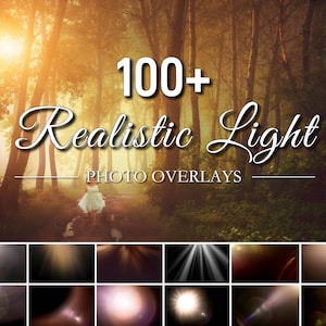 Puede incluir: Imagen de un bosque soleado con una persona con un vestido caminando por un sendero. El texto dice "100+ Realistic Light Photo Overlays". La parte inferior de la imagen muestra ejemplos de efectos de luz.
