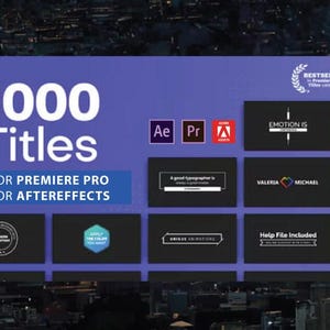 Puede incluir: Gráfico digital con el texto "1000 Titles" en blanco, sobre las palabras "FOR PREMIERE PRO" y "FOR AFTEREFFECTS" en azul. La imagen incluye logotipos de Adobe After Effects, Premiere Pro y Adobe Assets.