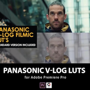 以下が含まれることがあります： パナソニックV-Log Filmic LUTsのプロモーション画像。青いジャケットを着た男性が写っています。画像には「PANASONIC V-LOG FILMIC LUT'S」と「STANDARD VERSION INCLUDED」と書かれています。下には「PANASONIC V-LOG LUTS for Adobe Premiere Pro」と書かれています。
