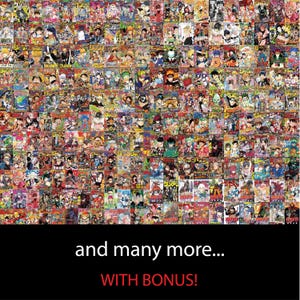 May include: A collage of colorful manga comic book covers, featuring various characters and art styles. The image includes the text "and many more... WITH BONUS!"
